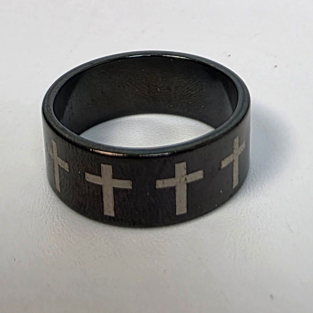 Mens Black Stainless Steel Cross Band Ring Gothic Religious Size 6.25 8mm Wide